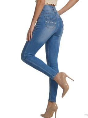 Women's Skinny Jeans High Waist 3-Button Stretch Denim Pants with Pockets